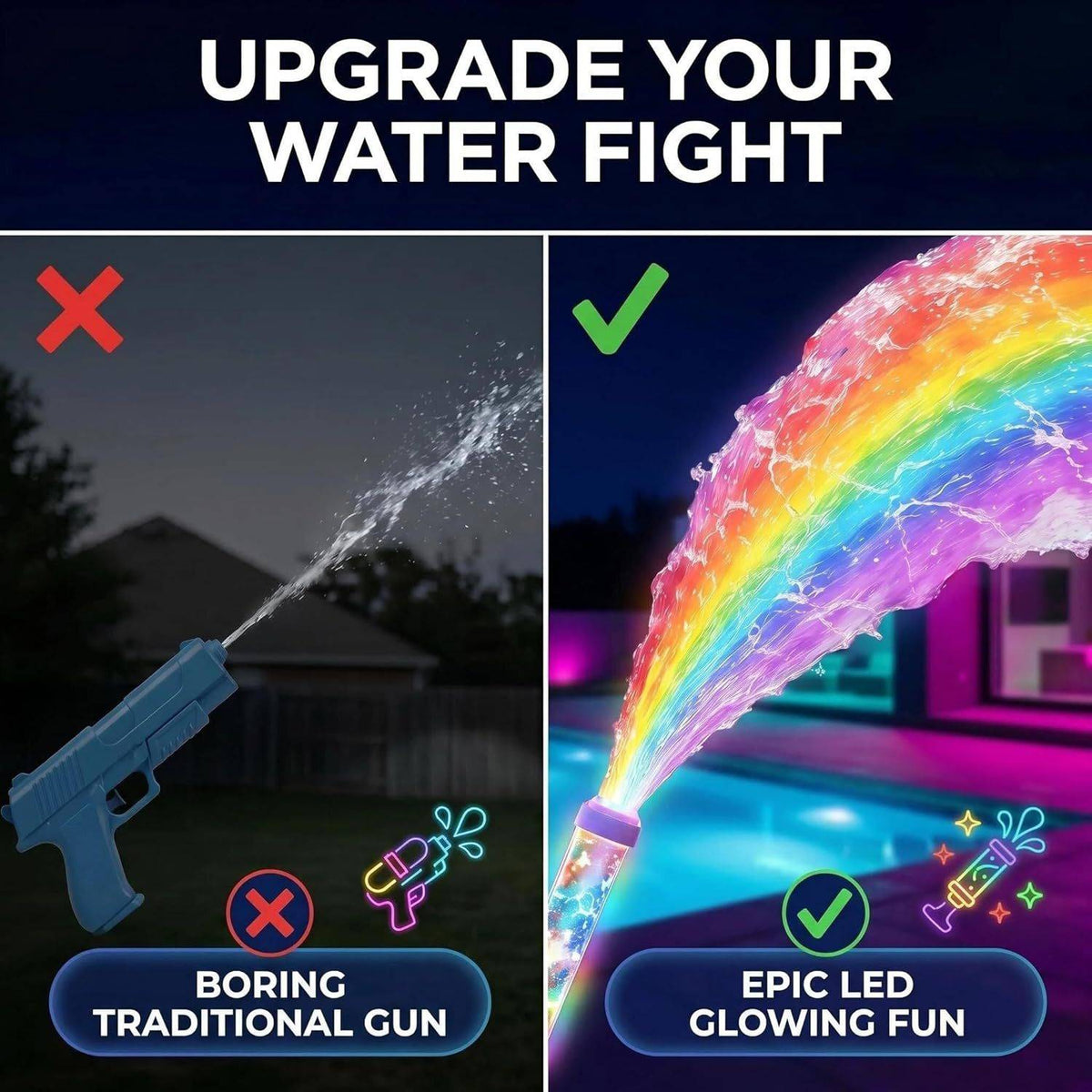 Traditional water toy versus illuminated blaster