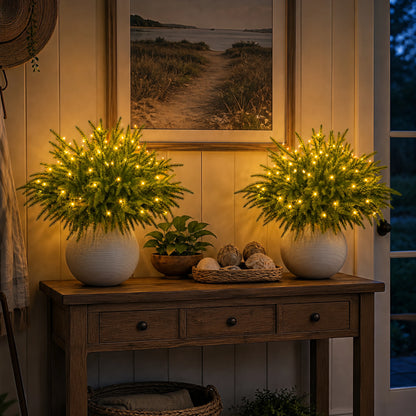 Two glowing evergreen pine arrangements on an entryway console; vases not included