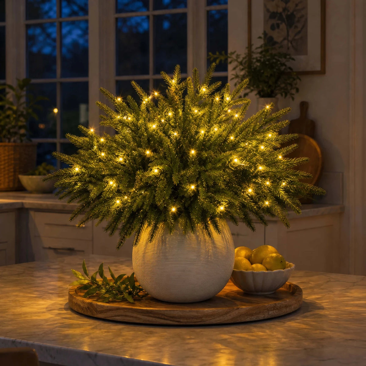 Golden-lit evergreen pine in a ceramic vase beside a window; vase not included