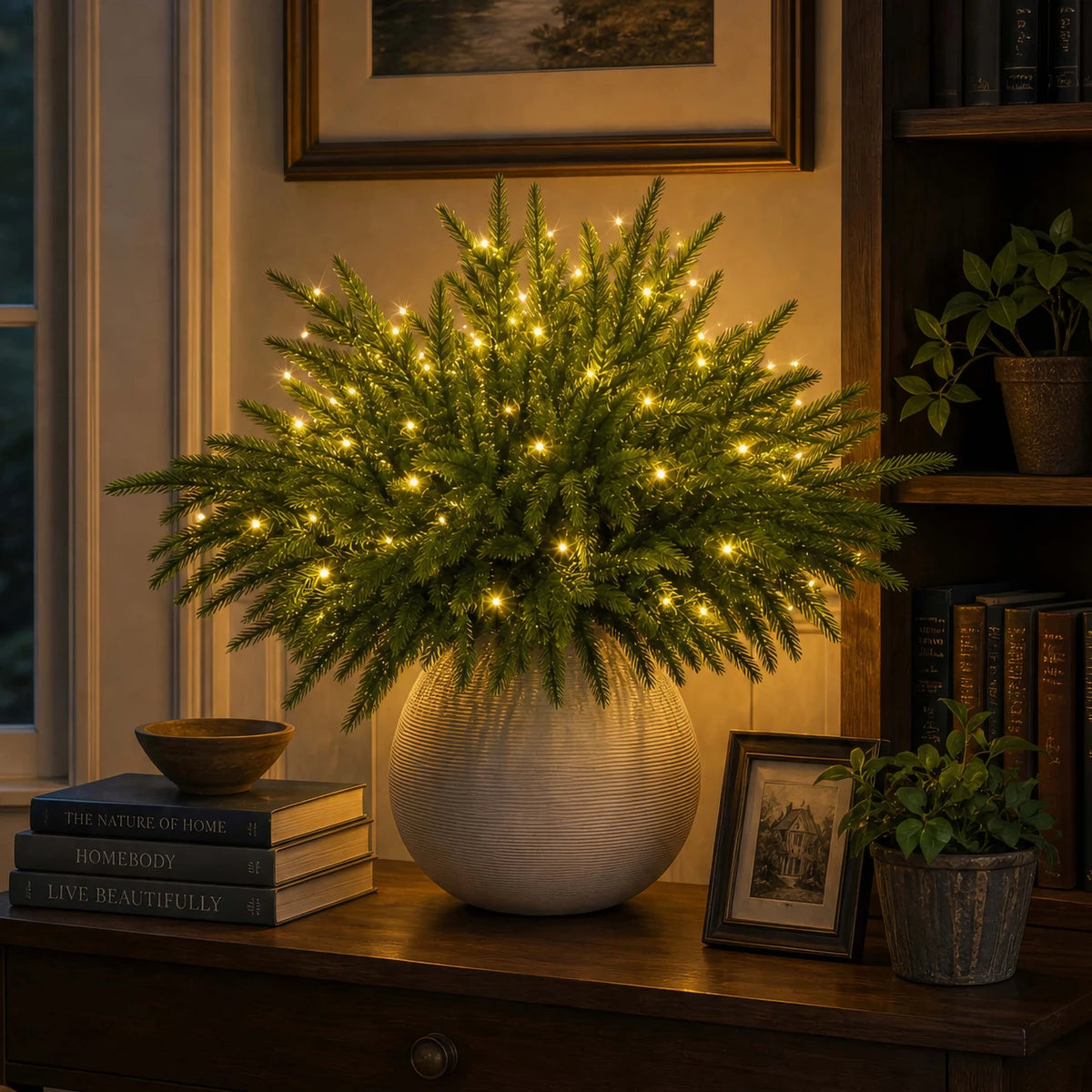 Illuminated evergreen pine displayed on a console; vase not included
