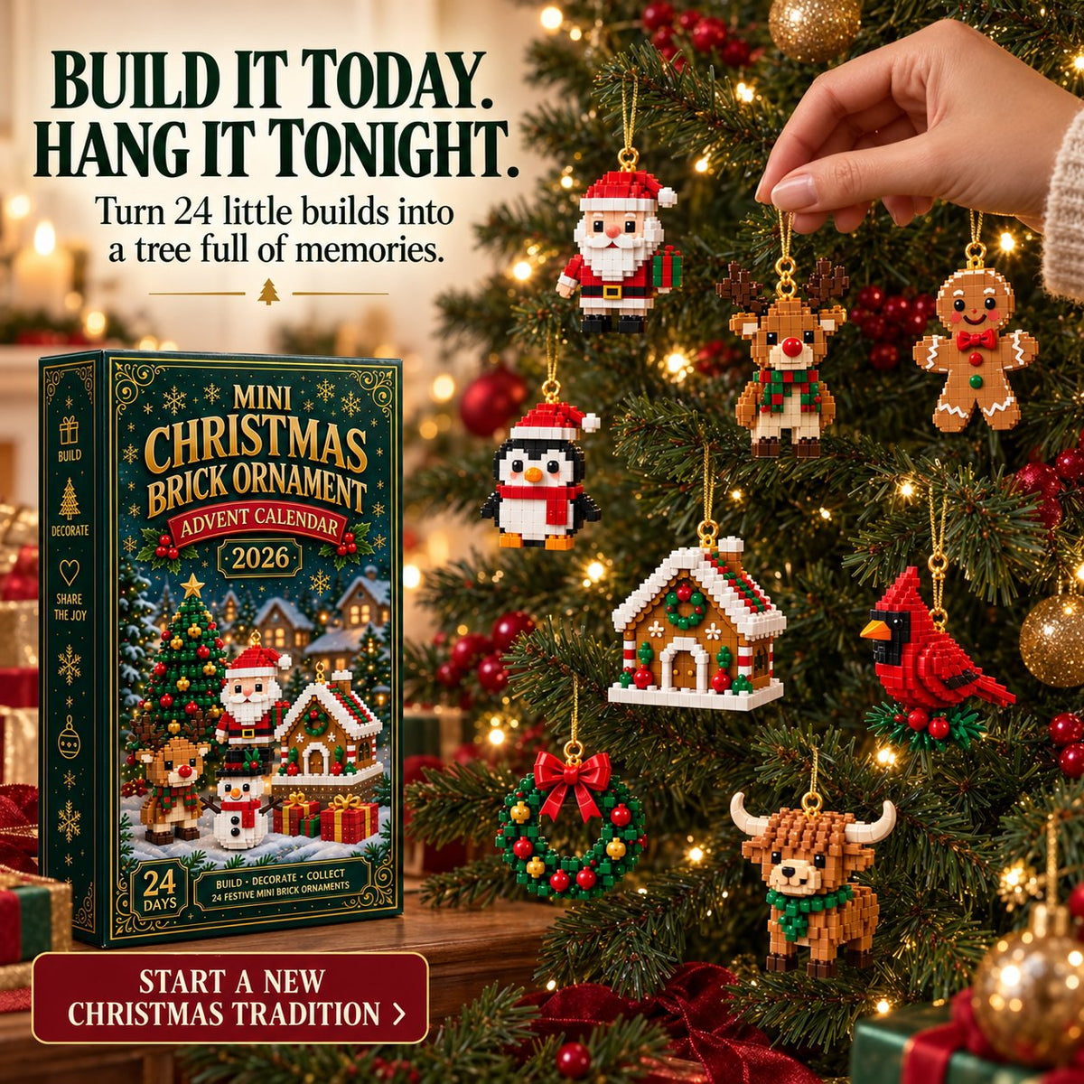 Christmas mini brick ornaments shown hanging on a tree