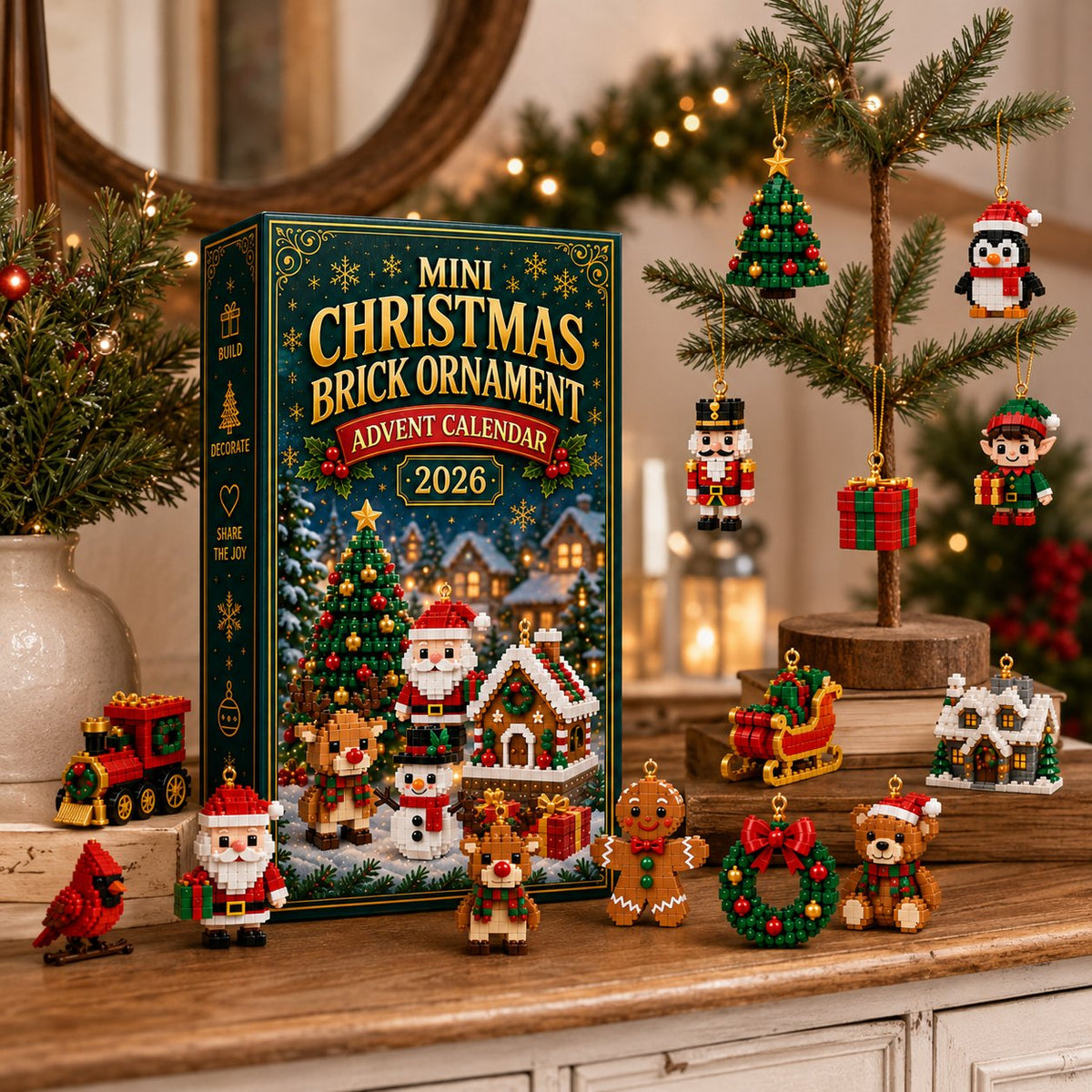 Mini brick calendar and ornaments on a cabinet