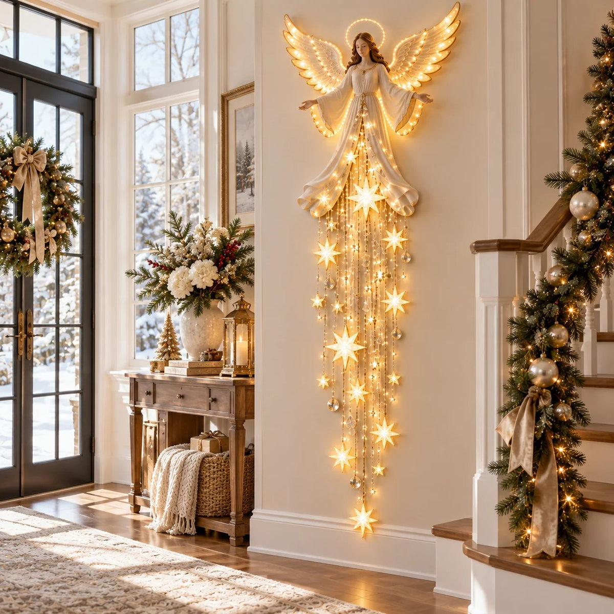 Warm angel and hanging star lights beside a bright entryway
