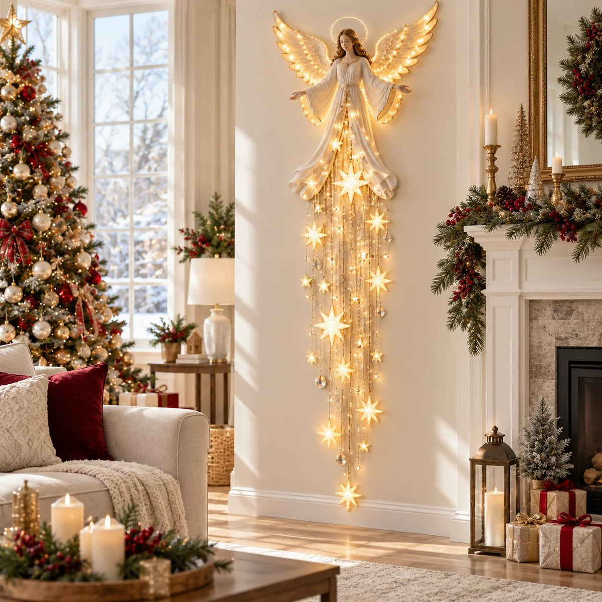 Angel starfall wall display in a festive living room