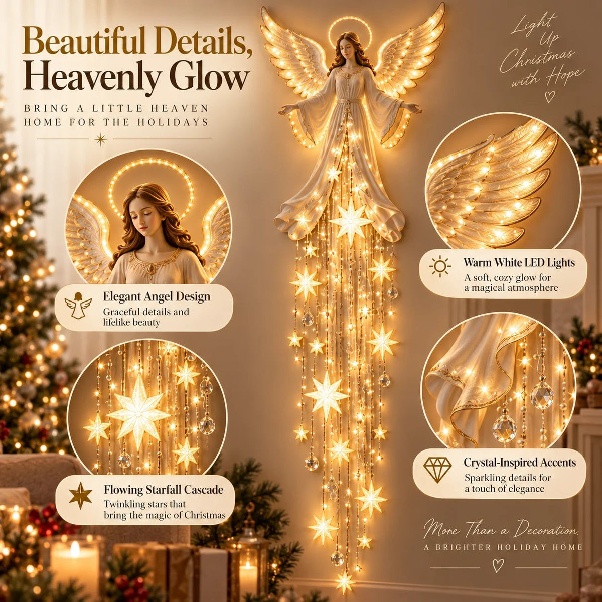 Angel silhouette, wing and hanging star details