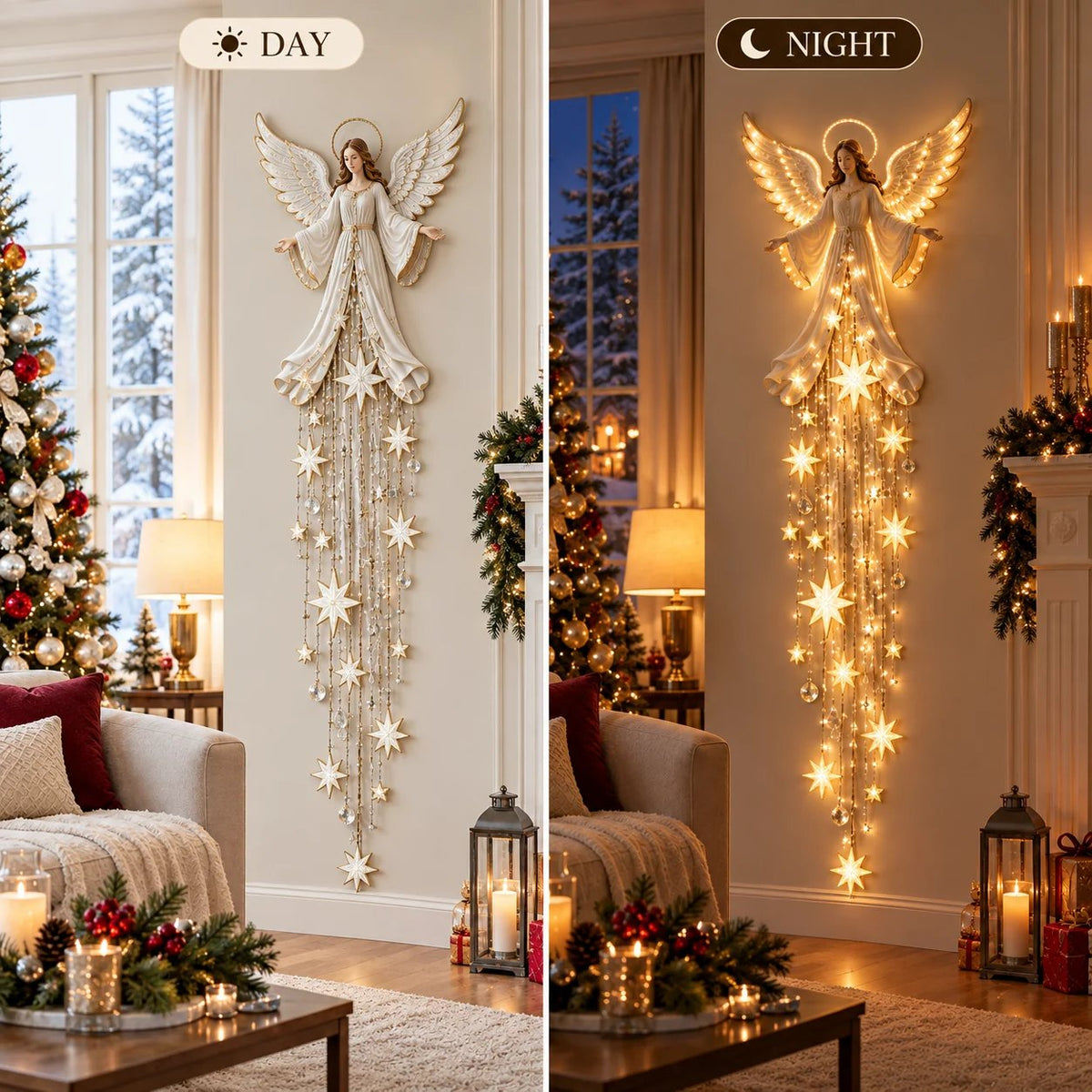 Angel wall decoration shown during the day and after dark