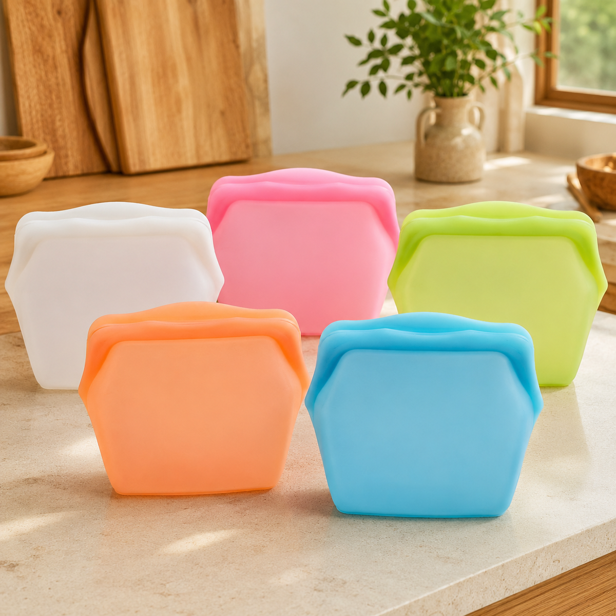 Five colors of the reusable stand-up silicone food storage bag
