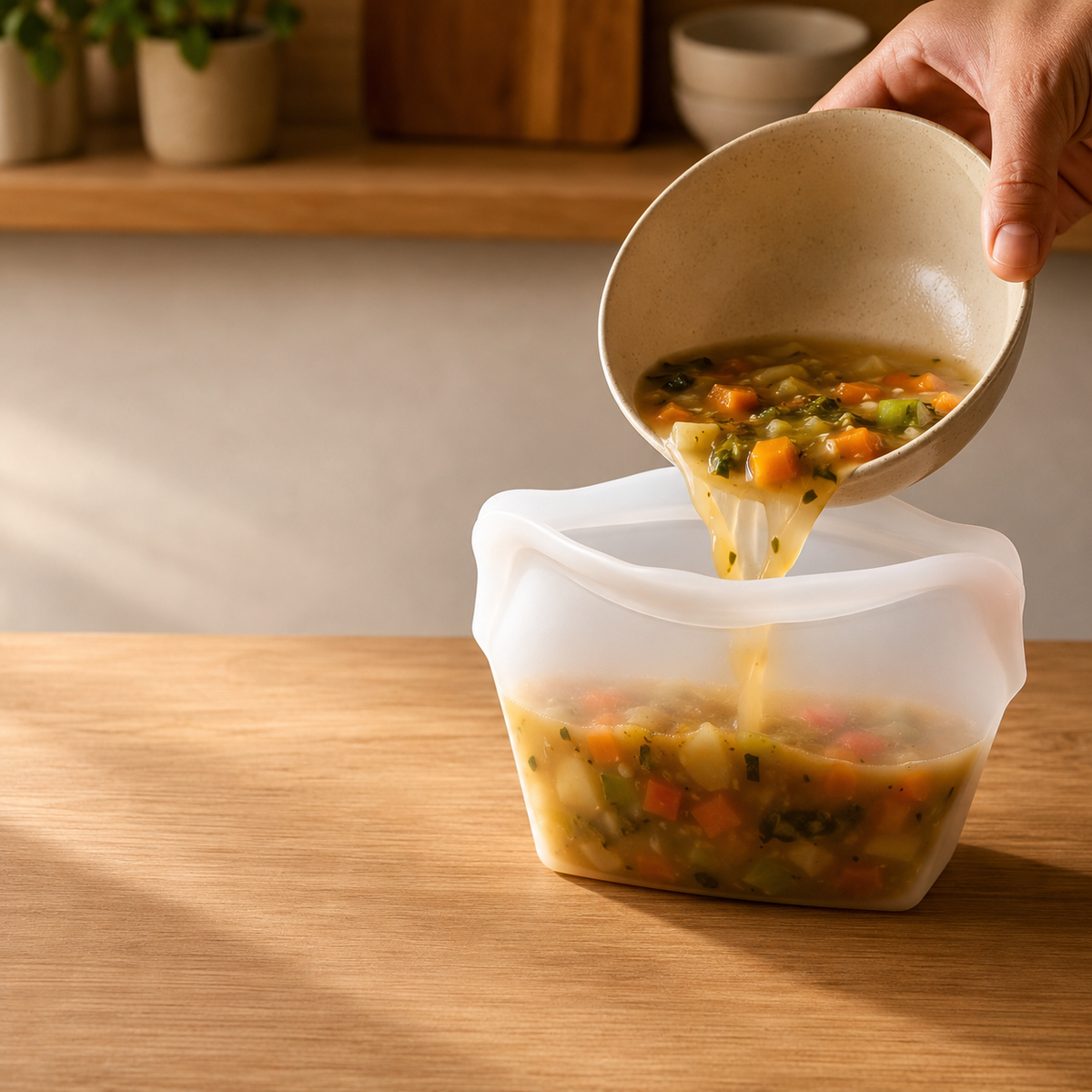 Wide opening for filling the bag with soup