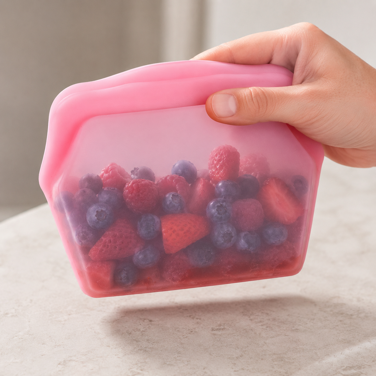 Pink silicone bag with a press-seal top and berries inside
