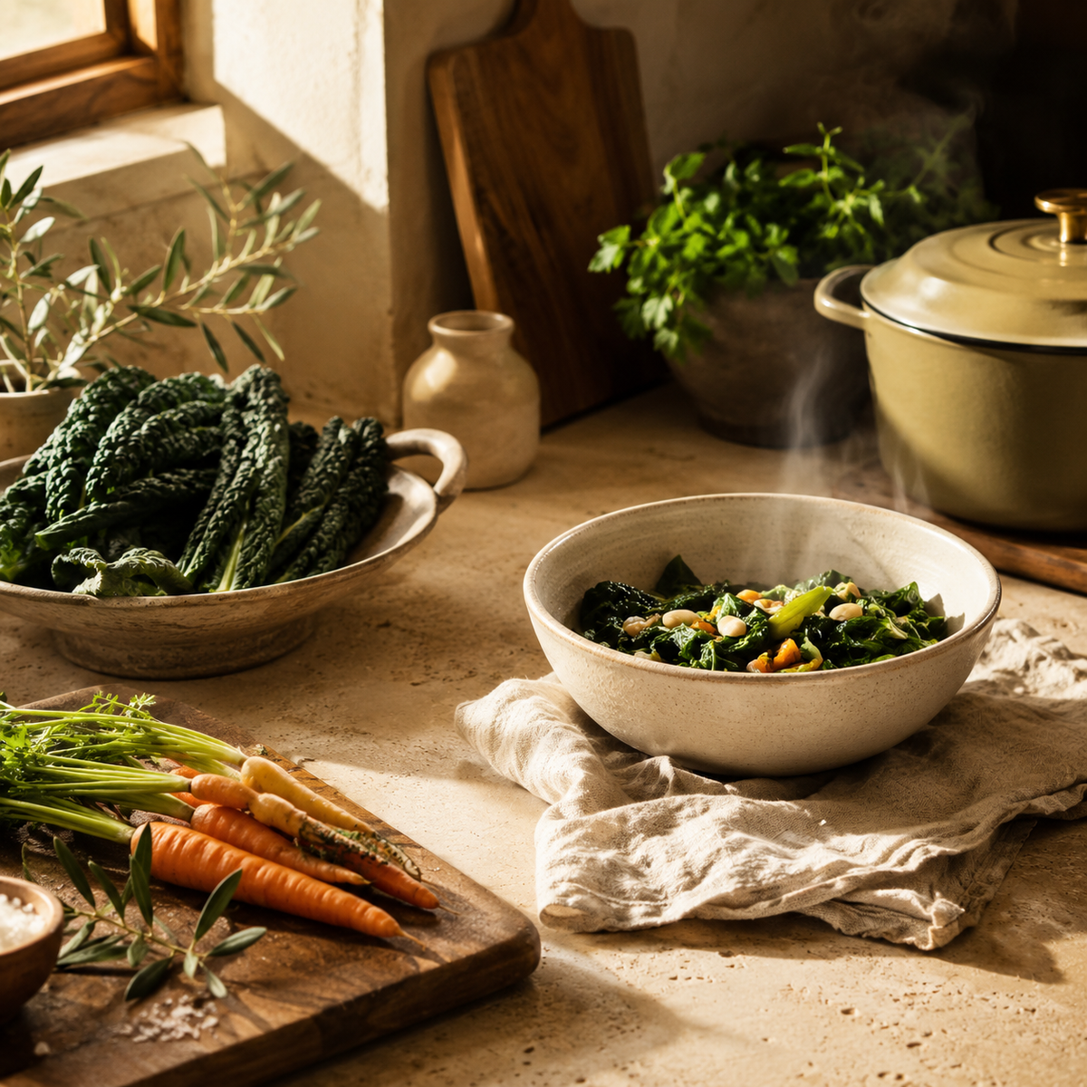 Fresh ingredients and a prepared meal