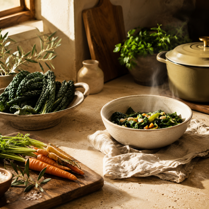 Fresh ingredients and a prepared meal
