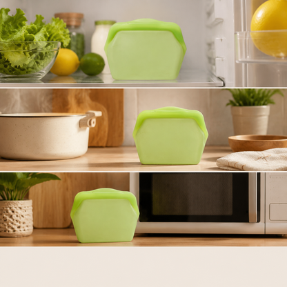 Silicone bag shown in freezer, boiling-water and microwave settings