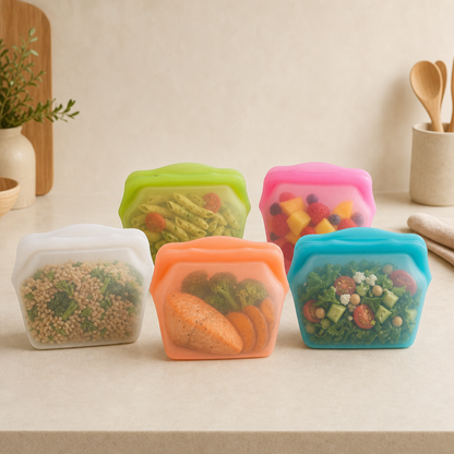 Meal-prep ingredients organized in stand-up bags